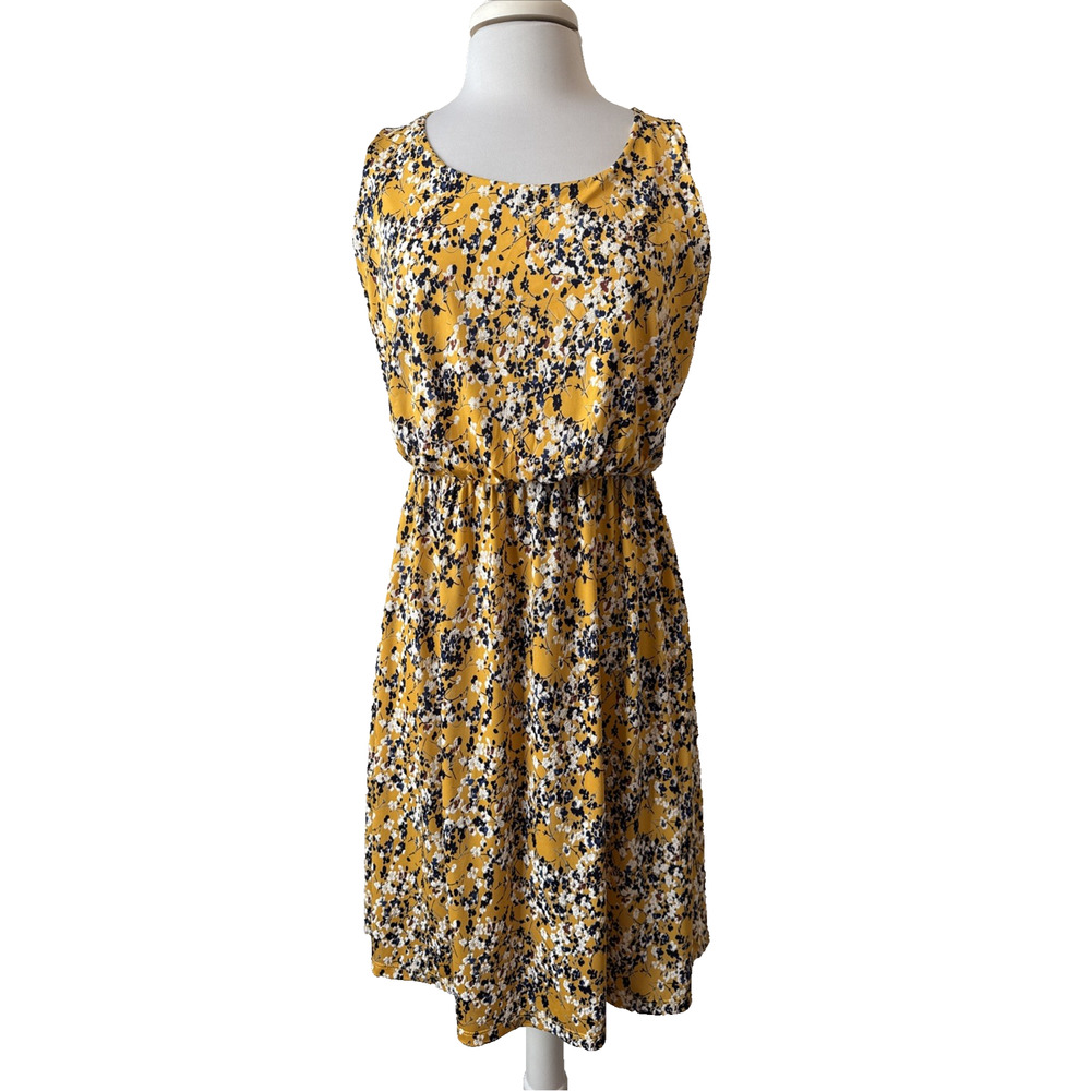 Kaleigh Women’s XL Boho Colorful Yellow Floral Blouson Crisscross‎ Back Dress